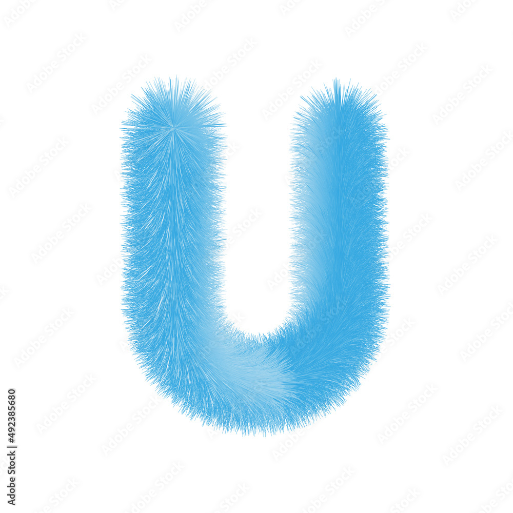 Feathered letter U font vector. Easy editable letters. Soft and realistic feathers. Blue, fluffy, hairy letter U, isolated on white background.