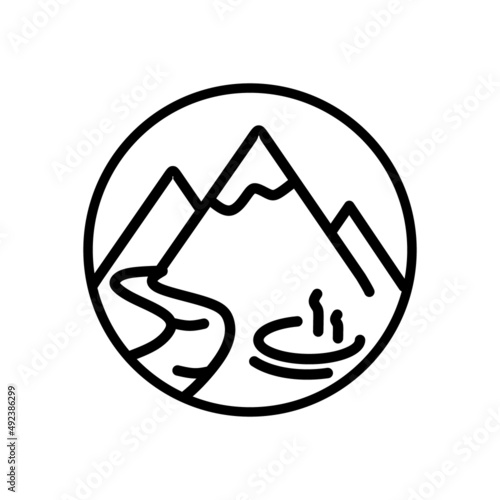 Geyser mountains and a river in a round logo. The concept of Kamchatka. Vector illustration isolated on a white background