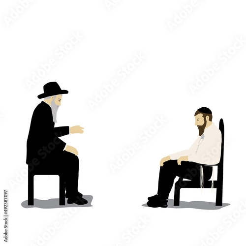 Shiva - Vector illustration of a Jew sitting on a low chair mourning his relative. His shirt is torn. In front of him on an ordinary chair sits a rabbi who comforts him.
Flat colorful art painting.
