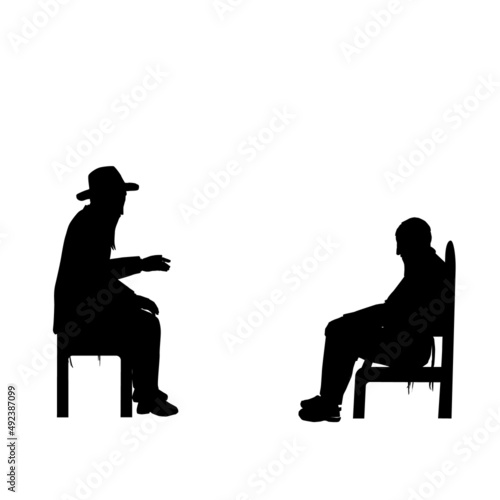 Shiva - Vector black silhouettes of a Jew sitting on a low chair mourning his relative. His shirt is torn. In front of him on an ordinary chair sits a rabbi who comforts him.
An artistic painting.