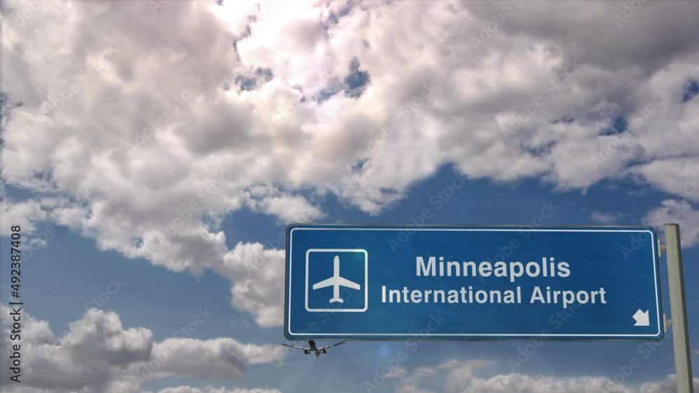 Jet airplane landing in Minneapolis, Minnesota, USA. Plane arrival with
