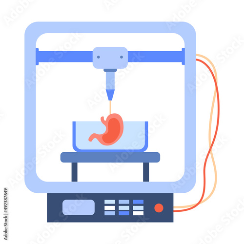 Bioprinter printing stomach. Medical 3D printing. Robotic machine printing human organ. Creating internal organs for transplantation. Innovation implantation