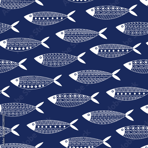 Decorative Fishes with traditional Mexican Indians Ethnic Ornament Seamless Pattern. Aztec, Mayan, Inca, Ancient tribal style texture. Sea Animal. Outline Hand drawn Marine Life vector background