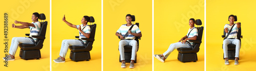 African-American man in car seat and with imaginary steering wheel on color background
