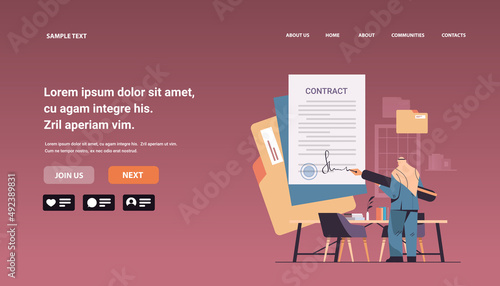 arab businessman working with paper documents arabic business man sign up contract signature agreement
