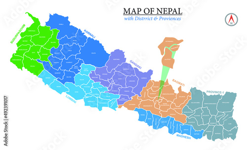 Map of Nepal with Districts and Province Vector Illustration