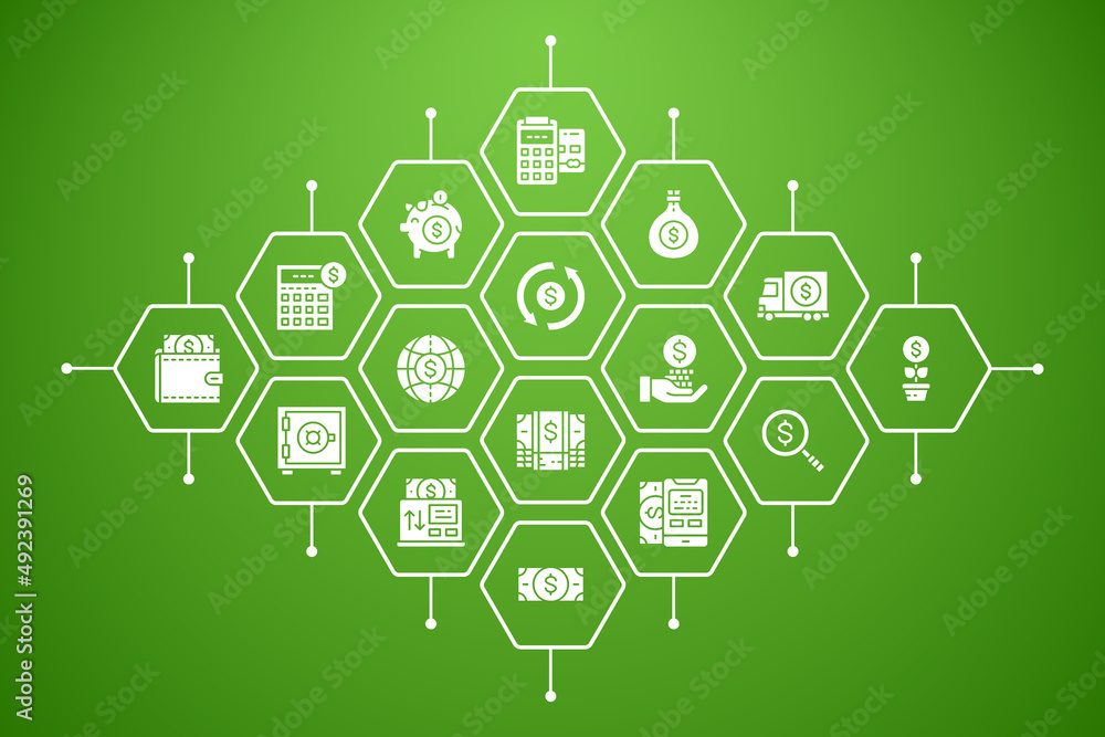 Money and Banking business icons banner. Credit Card, Currency Exchange, Atm, Terminal background vector illustration. Money and Banking business icons banner. Credit Card, Currency Exchange, Atm, Terminal background vector illustration.