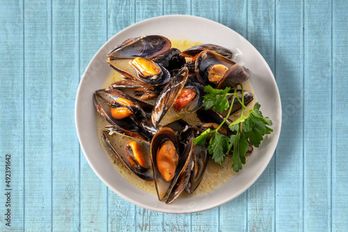 Mussels cooked with an Italian recipe called tarantina mussels in white, in a plate with parsley on blue wooden table, top view photo