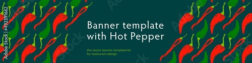 Vector hot pepper banner. Hand-drawn pattern. Peppers illustration. Pepper drawings. Red chilli background. Organic homemade vegetables. Vegan food wallpaper. Spices backdrop. Vegetarian restaurant.