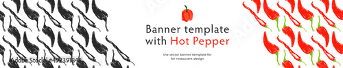 Vector hot pepper banner. Hand-drawn pattern. Peppers illustration. Pepper drawings. Red chilli background. Organic homemade vegetables. Vegan food wallpaper. Spices backdrop. Vegetarian restaurant.