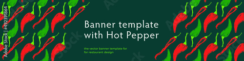 Vector hot pepper banner. Hand-drawn pattern. Peppers illustration. Pepper drawings. Red chilli background. Organic homemade vegetables. Vegan food wallpaper. Spices backdrop. Vegetarian restaurant.
