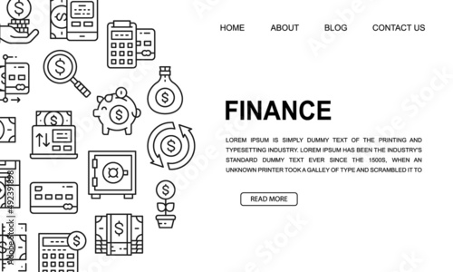 Money and Banking landing page template in line style. Credit Card, Currency Exchange, Atm, Terminal illustration design concept for web page design.