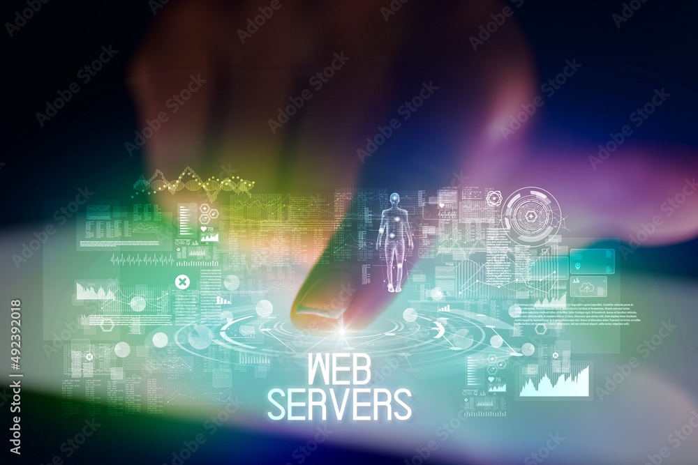 Finger touching tablet with web technology icons concept Finger touching tablet with web technology icons concept