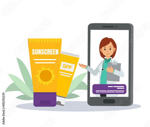 medical skin care concept .Online Consultation medicine.Dermatologist Female Doctor on phone screen recommend Sunscreen,Sunblock. Skin Protection. Internet telemedicine.