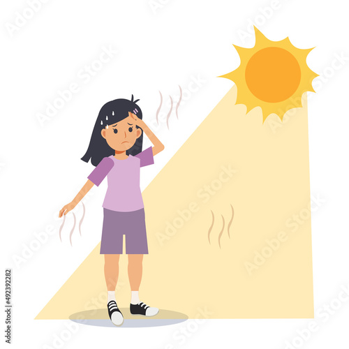 heat stroke concept.Sunstroke and sunburn risk little girl under burning sun. High temperature ,Hot weather.Summer
