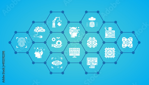 Artificial Intelligence illustration template. Robotics, Chatbot, Database, Big Data design infographic elements for presentation business banner.