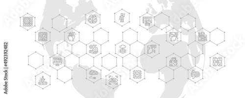 Artificial Intelligence outline icons banner. Robotics, Chatbot, Database, Big Data promotion line icon Illustration. Web banner layout template.