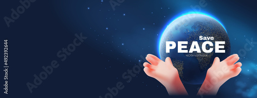 Save peace concept with Earth planet and protecting hand gesture