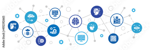 Artificial Intelligence concept web icons banner. Robotics, Chatbot, Database, Big Data flat illustration