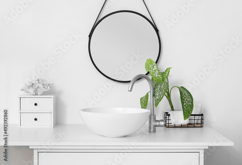 Modern sink with houseplant and drawers near light wall