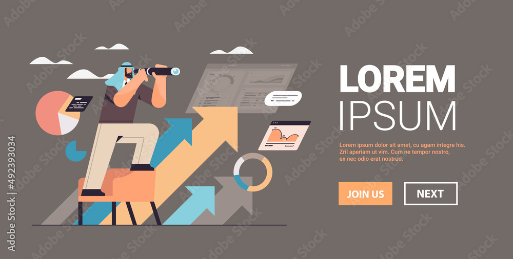 arab businessman looking through binocular business vision successful strategy direction concept arab businessman looking through binocular business vision successful strategy direction concept