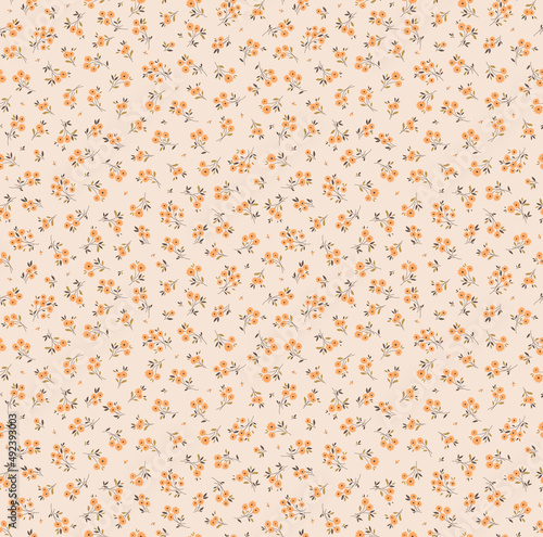 Spring flowers print. Vector seamless floral pattern. Floral design for fashion prints. Endless print made of small pale orange flowers. Elegant template. White ivory background. Stock vector.