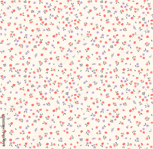 Spring flowers print. Vector seamless floral pattern. Floral design for fashion prints. Endless print made of small pastel color flowers. Elegant template. White ivory background. Stock vector.