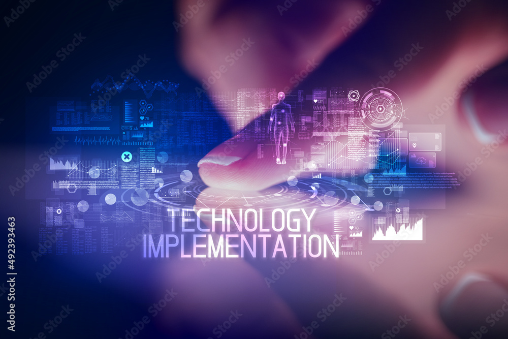 Finger touching tablet with web technology icons concept Finger touching tablet with web technology icons concept