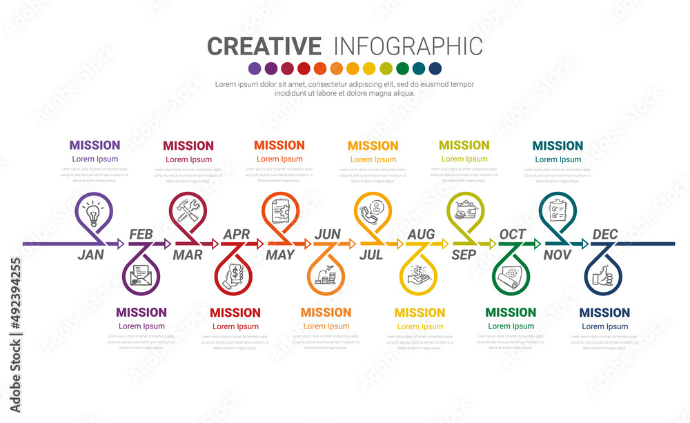 Year planner, 12 months, 1 year, Timeline infographics design vector