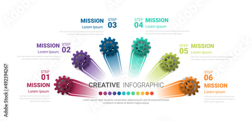 Gears cogwheels 6 steps for Infographic template, Engineering tech progress business concept.