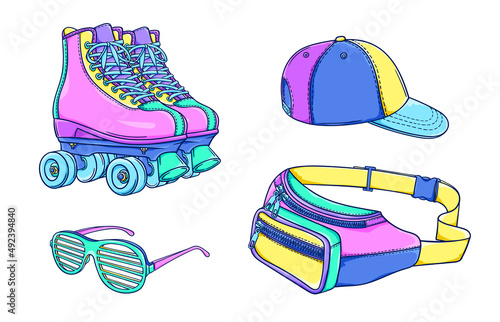 90s fashion illustration. Retro roller skates, waist bag, plastic glasses, cap. Party glasses. 90s style vector. 1990s trendy illustration. Nostalgia for the 90s.