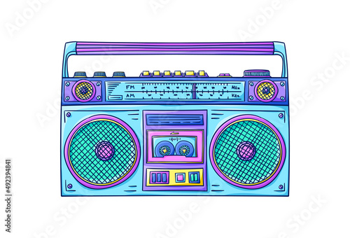 Boombox illustration. Cassette player. Retro cassette recorder. Music player. 90s style vector. 1990s trendy illustration. Nostalgia for the 90s.