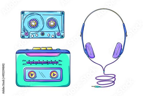 Personal cassette player illustration. Retro portable cassette player with headphones and cassette. Music player. 90s style vector. 1990s technology. Nostalgia for the 90s.