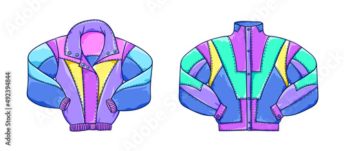 90s fashion illustration. Retro neon colors jacket. Retro colorful sport coat. 90s style vector. 1990s trendy illustration. Nostalgia for the 90s.