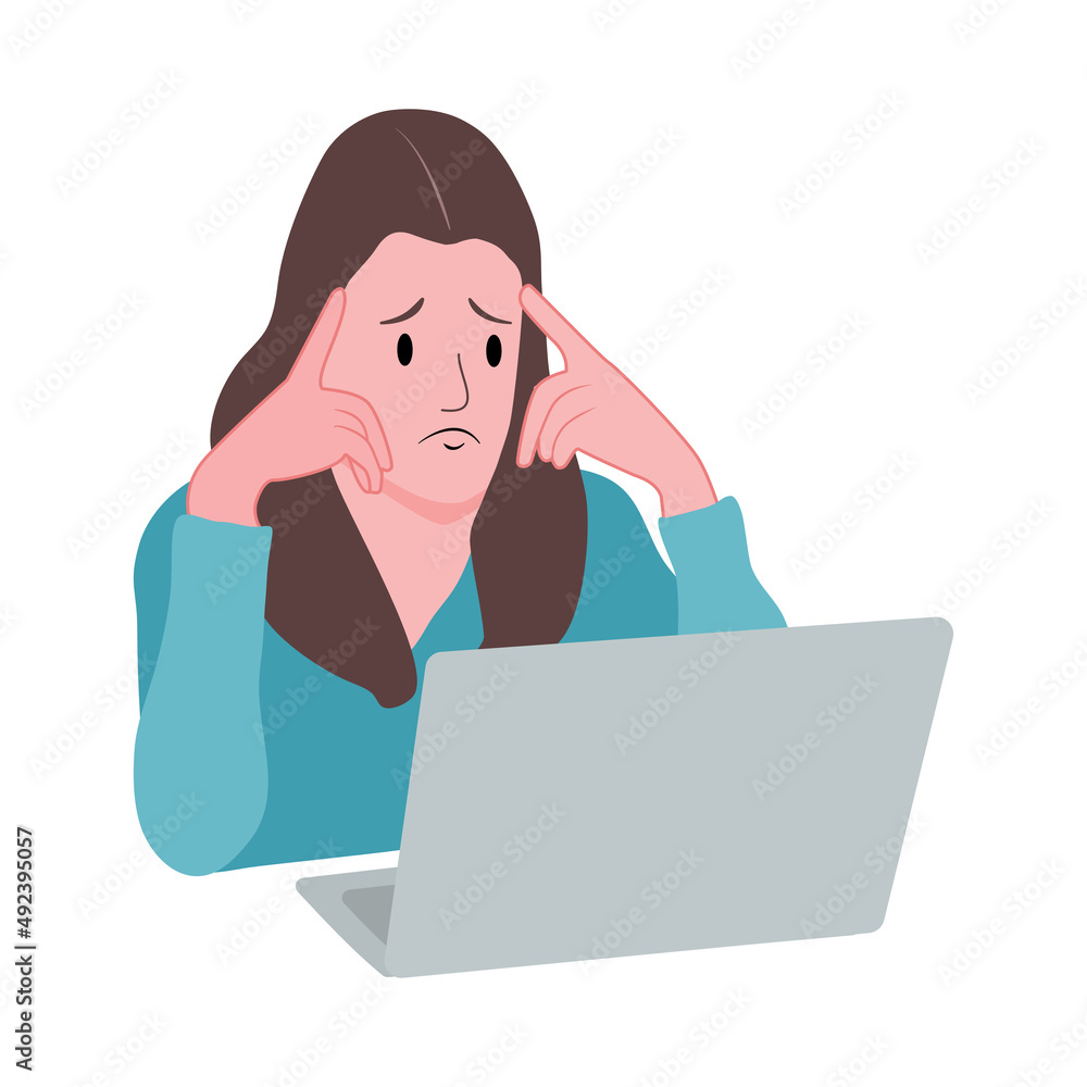 Woman is feeling stress with a job. Female headache while working with laptop computer. Woman is feeling stress with a job. Female headache while working with laptop computer.
