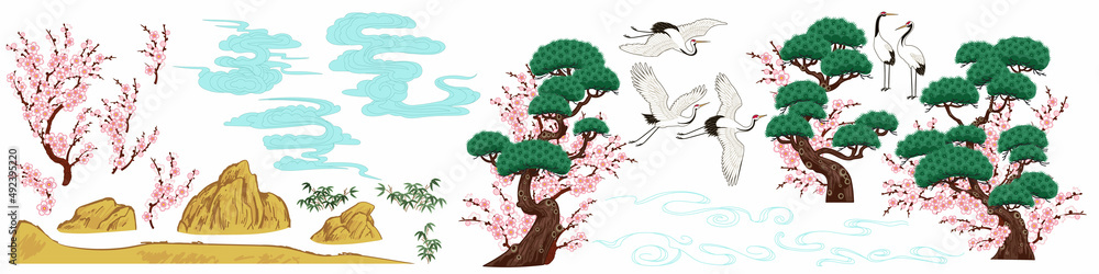 Set of Chinese painting elements, vector pine trees and plum blossom, bamboo bushes, clouds and cranes - obrazy, fototapety, plakaty 