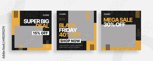 Set of editable templates for Instagram post, Facebook square frame, Black Friday, social media, advertisement, and business promotion, fresh design with black yellow color and minimalist vector (2/3)