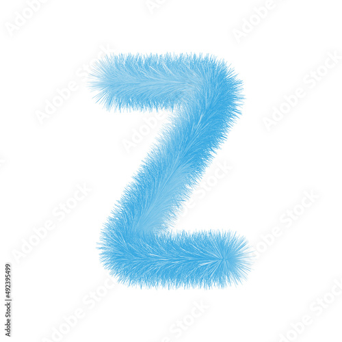 Feathered letter Z font vector. Easy editable letters. Soft and realistic feathers. Blue  fluffy  hairy letter Z  isolated on white background.