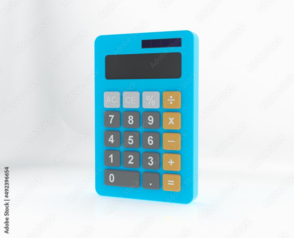 3d representation of a blue calculator with grey and orange buttons on a white backdrop. 3d representation of a blue calculator with grey and orange buttons on a white backdrop.
