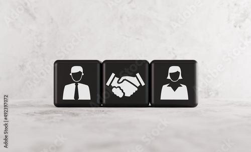 Black wooden cubes with icons of a man and a woman. Mediation concept, mediator who helps to solve problems in marriage, private matters. 3D render, 3D illustration. photo