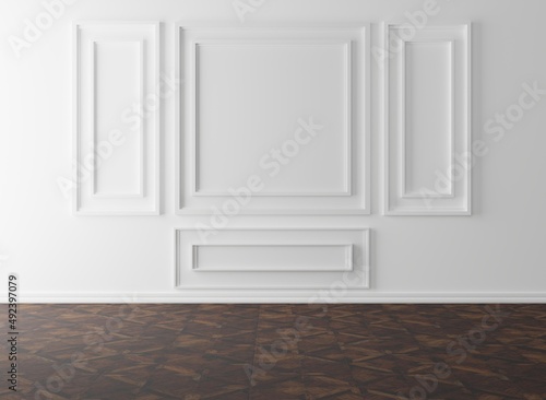 Classic wall, empty interior with wall panels and a wood, reflective floor. Modern minimalist interior with panels on the wall. 3D render, 3D illustration.