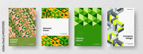 Clean magazine cover vector design concept composition. Colorful mosaic hexagons corporate brochure template set.