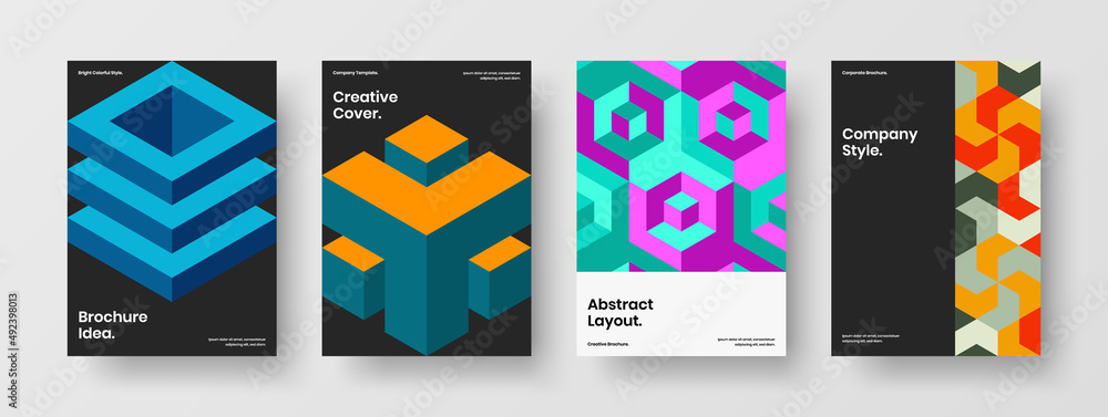 Multicolored geometric hexagons catalog cover template bundle. Modern company identity A4 vector design layout set.