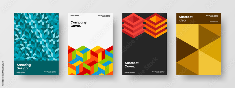 Clean company cover design vector illustration bundle. Minimalistic mosaic shapes presentation layout set.