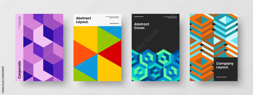 Bright geometric shapes brochure concept set. Colorful handbill design vector illustration collection.
