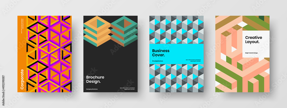Fototapeta premium Simple geometric hexagons company brochure illustration bundle. Original postcard A4 design vector template set.