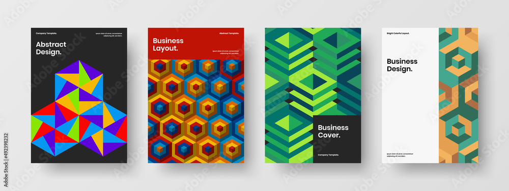Trendy geometric shapes flyer illustration bundle. Fresh brochure design vector template set.