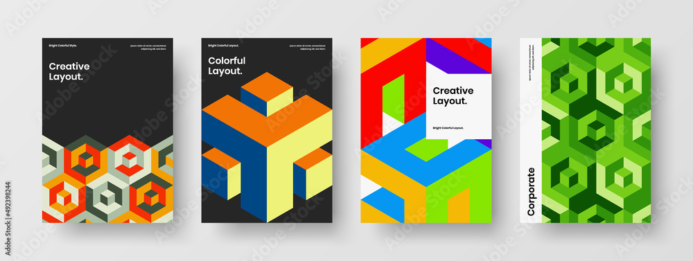 Abstract journal cover A4 design vector illustration collection. Amazing geometric hexagons pamphlet concept composition.