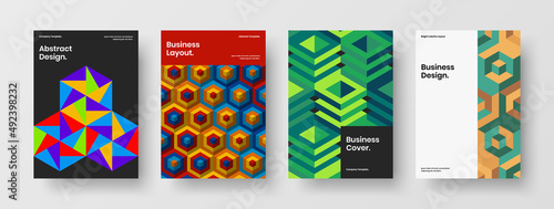 Trendy geometric shapes flyer illustration bundle. Fresh brochure design vector template set.