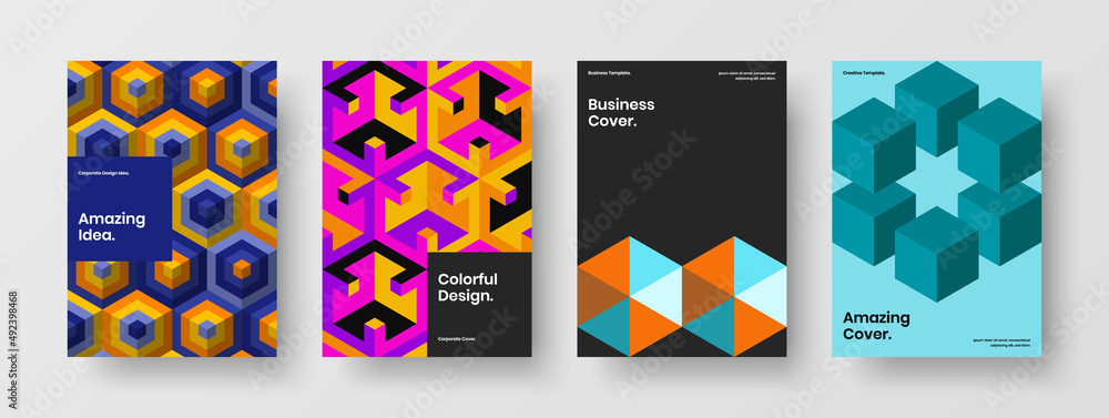 Simple geometric shapes magazine cover layout bundle. Vivid poster vector design concept set.
